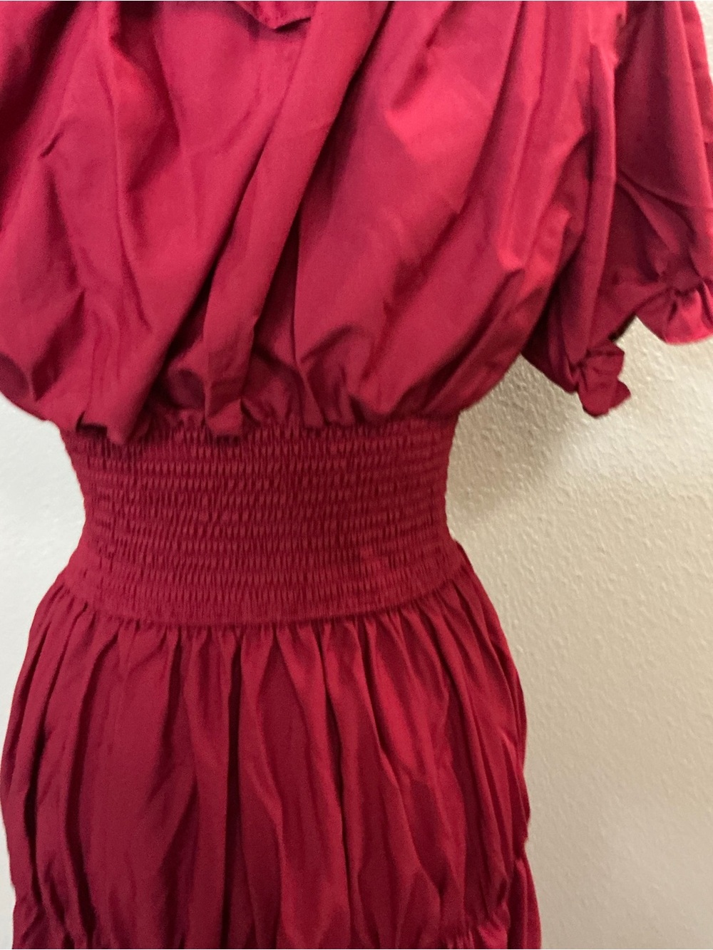Women's Red Puff Sleeve Smocked Waist Maxi Dress - Picture 3 of 6